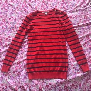 orange and navy blue striped scoop neck sweater